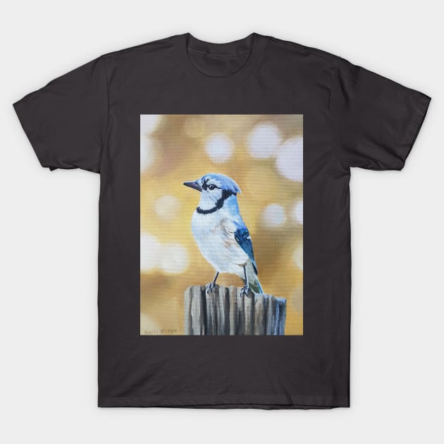 Blue Jay on a Post - fall bird painting T-Shirt by EmilyBickell